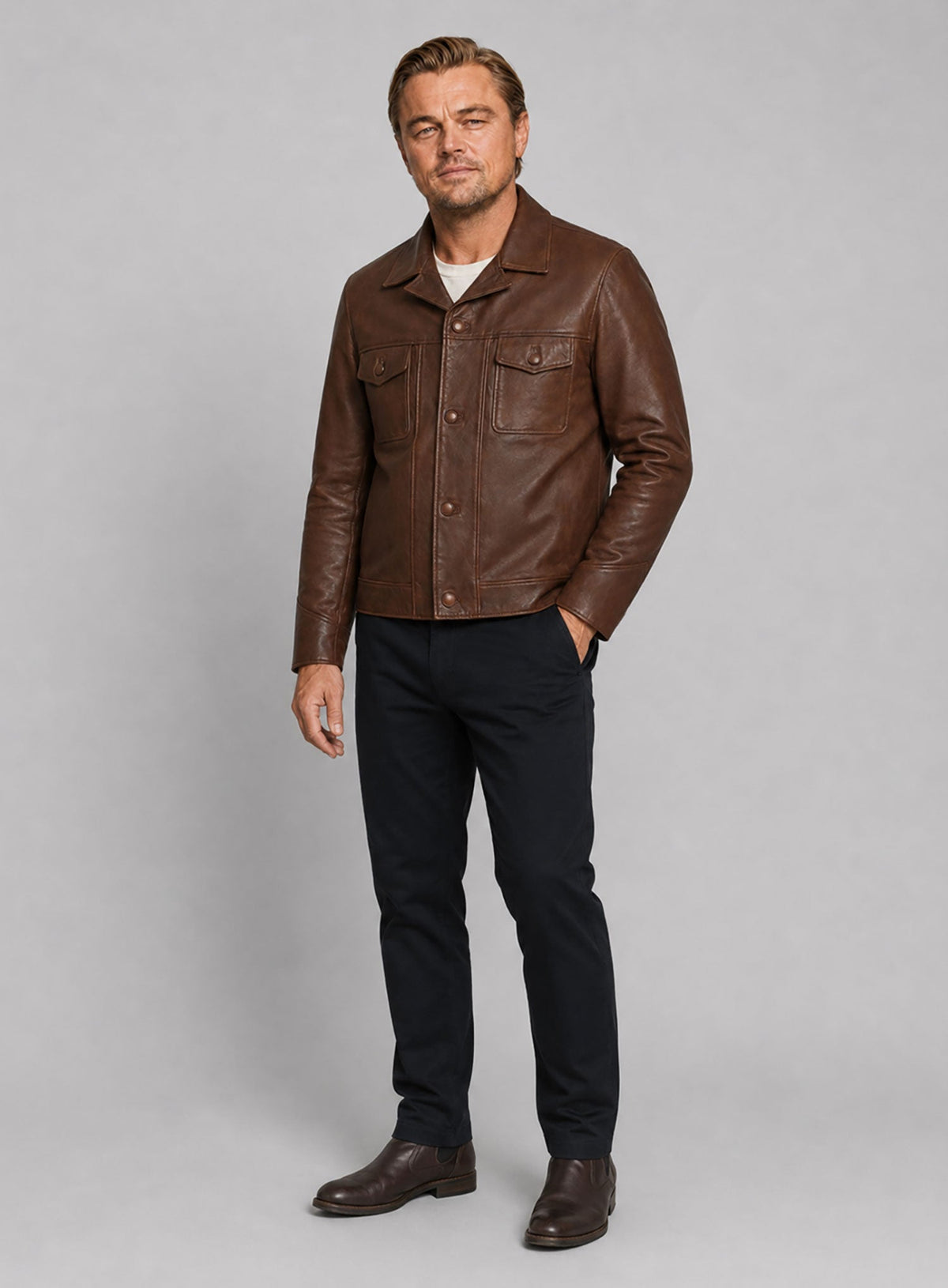 Leonardo DiCaprio Once Upon a Time in Hollywood Black Leather Jacket – full product view