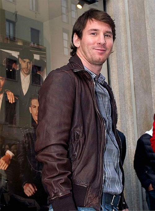 Lionel Messi Black Bomber Leather Jacket – Lionel Messi wearing the look, photo 2