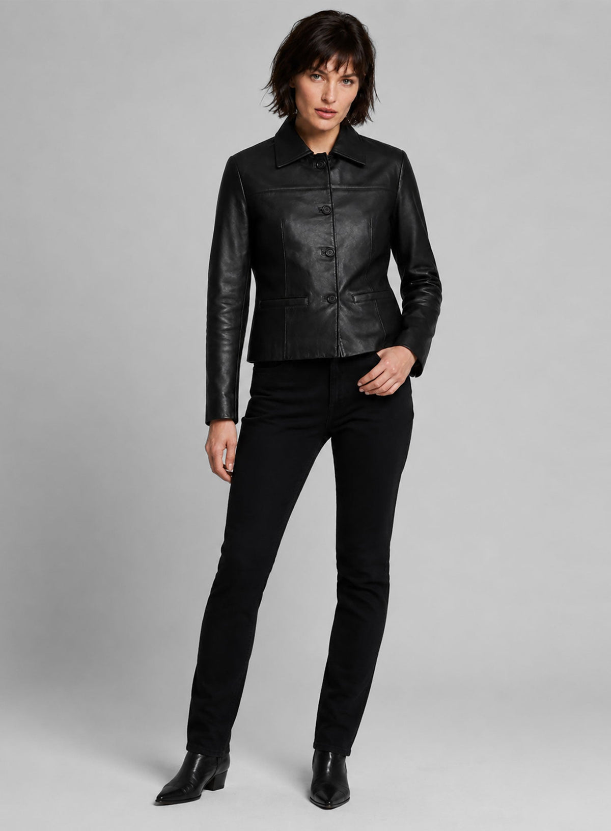 Milla Jovovich Black Leather Jacket – close-up and worn views