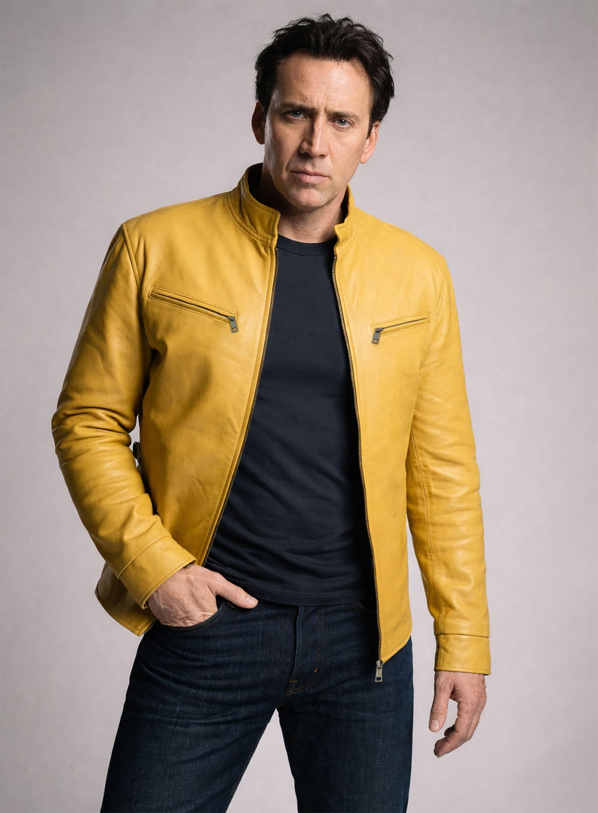 Next Nicolas Cage Black Leather Jacket – close-up and worn views