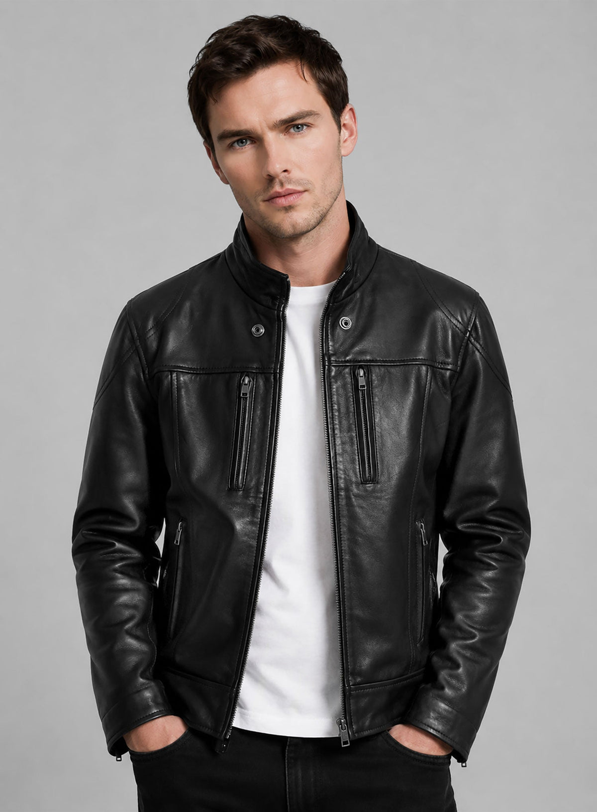 Nicholas Hoult Black Shirt-Collar Leather Jacket – worn look