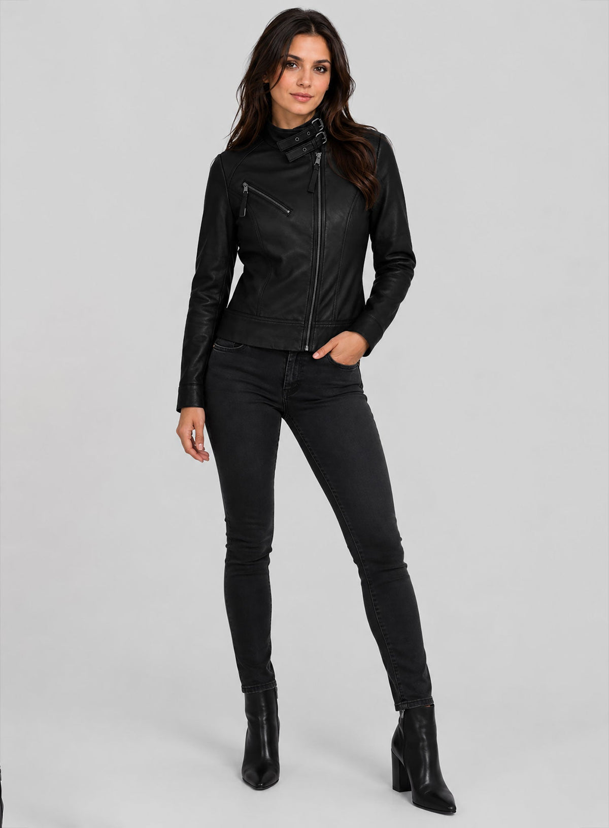 Nina Dobrev Black Leather Jacket – close-up and worn views