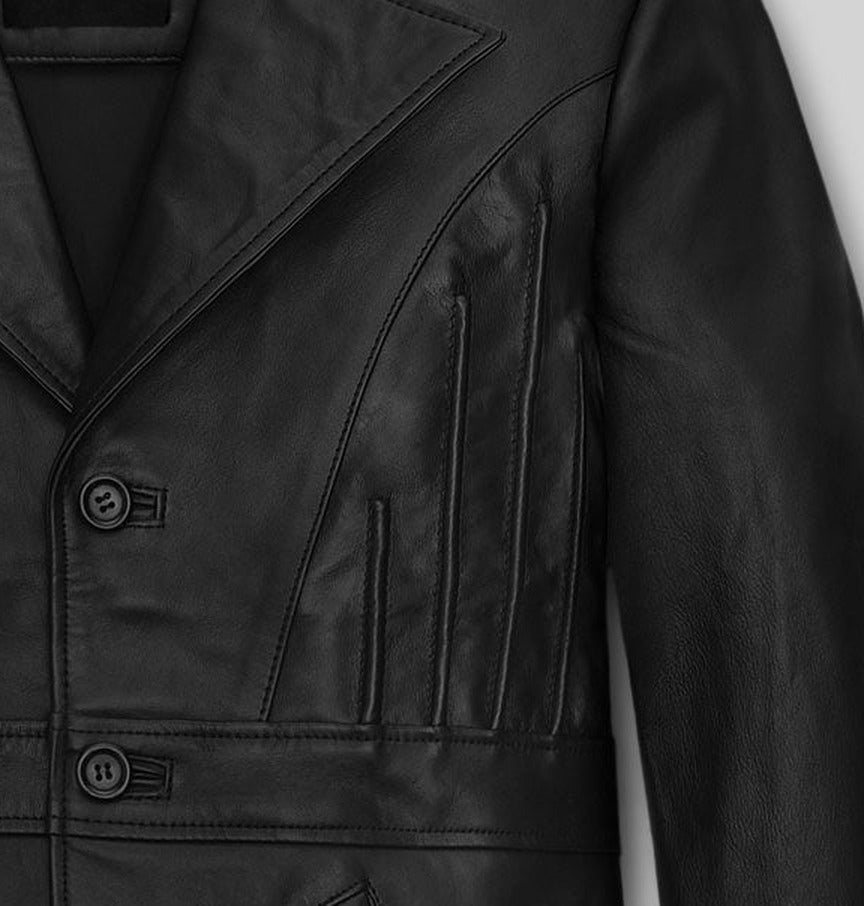 Paul Rudd Anchorman 2: The Legend Continues Black Leather Jacket – close-up detail of front closure, pocket and leather stitching