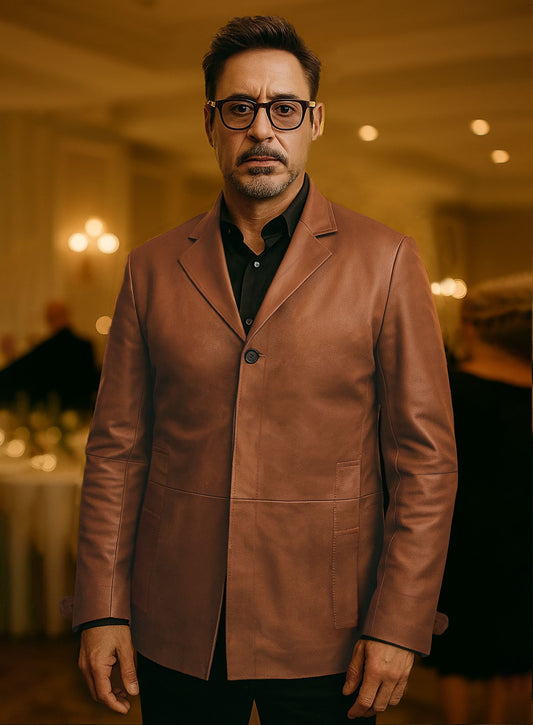 Robert Downey Jr. Singing Detective Brown Leather Blazer in cognac brown – worn look
