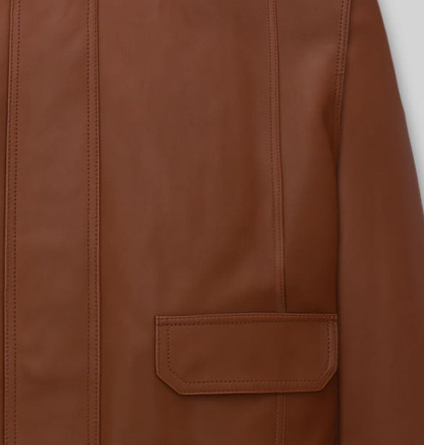 Robert Pattinson Black Leather Jacket – close-up detail of front closure, pocket and leather stitching