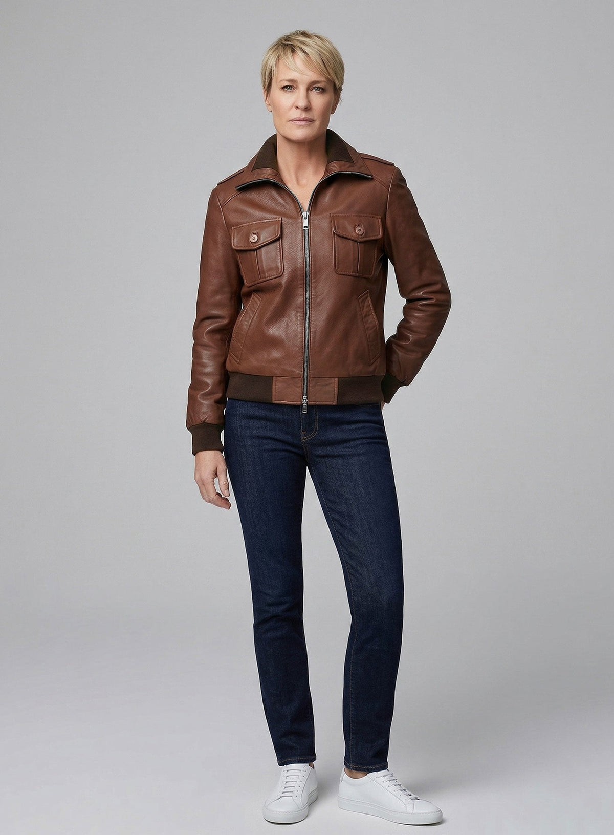 Robin Wright Sorry Haters in New York premiere Black Leather Jacket – close-up and worn views