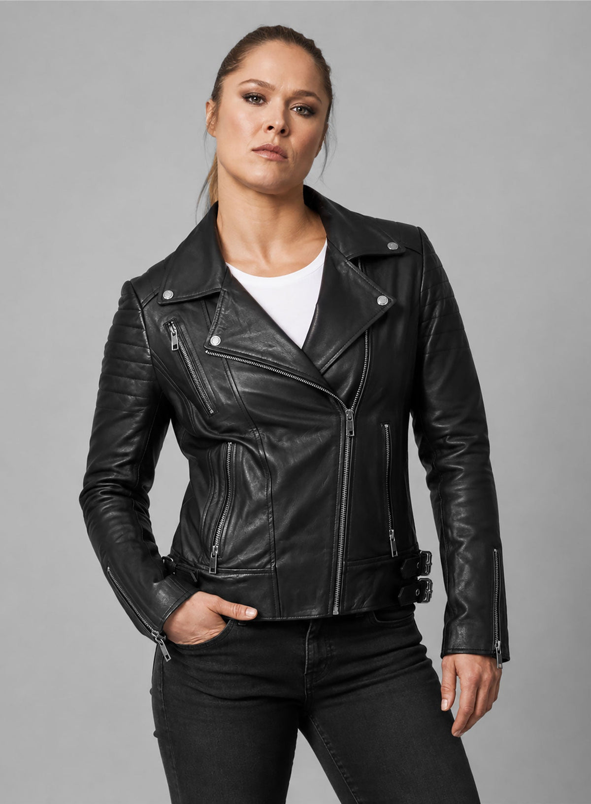 Ronda Rousey Black Leather Jacket – close-up and worn views