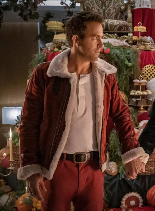 Ryan Reynolds Spirited Red Shearling Leather Jacket – close-up detail of leather and stitching