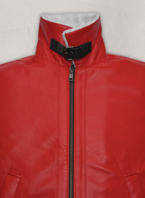 Ryan Reynolds Spirited Red Shearling Leather Jacket – close-up detail of leather and stitching
