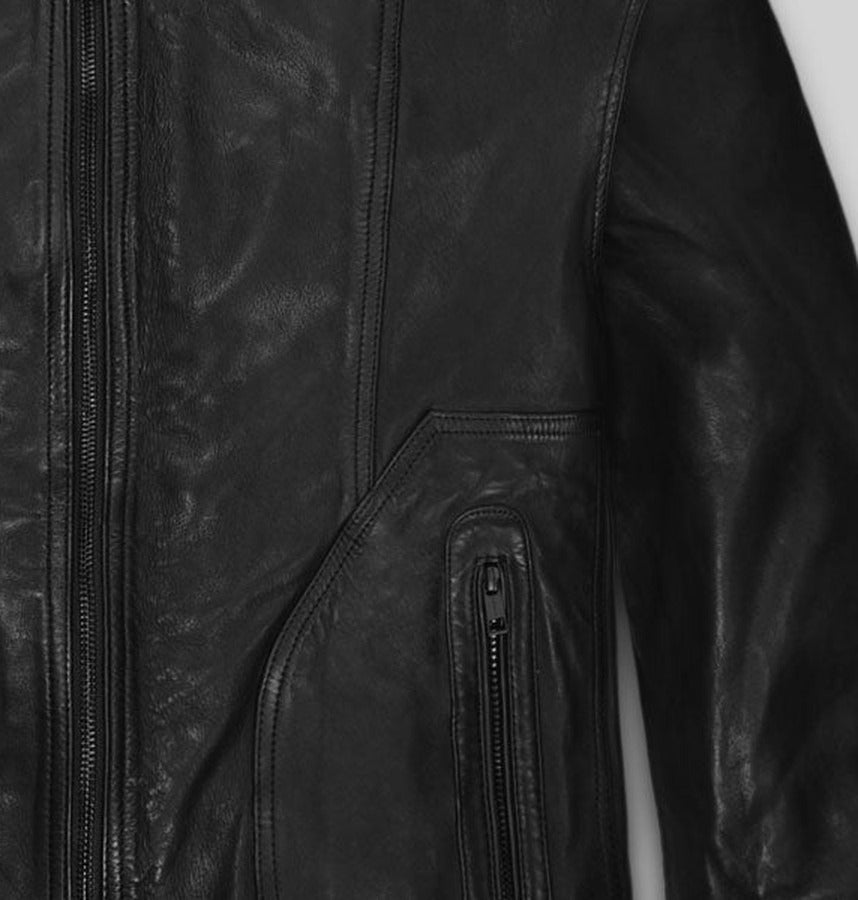 Sam Worthington Black Biker Leather Jacket – close-up detail of front closure, pocket and leather stitching