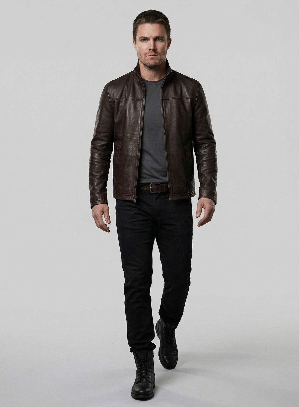 Stephen Amell Arrow Green Leather Jacket – close-up and worn views