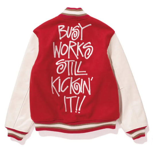 Red/Black Bape Stussy Varsity Full-Snap Wool/Leather Jacket
