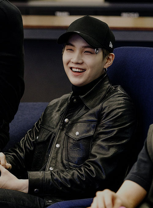 Suga Black Leather Jacket – Suga wearing the look, photo 2