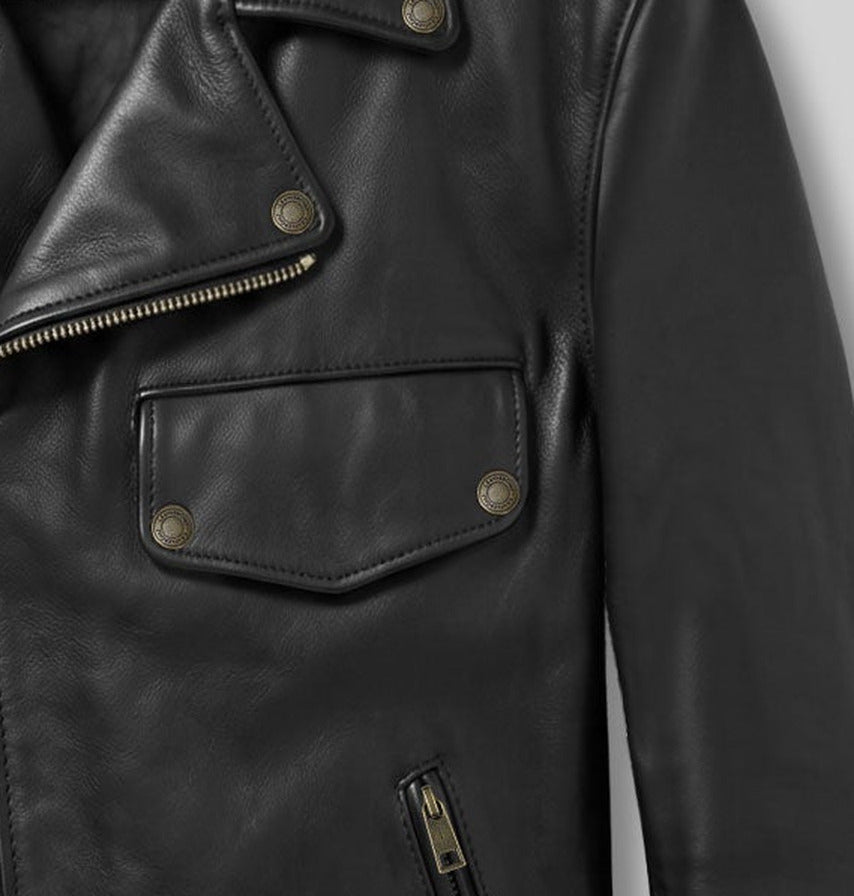 The Wrecking Crew Jason Momoa Black Leather Jacket – close-up detail of front closure, pocket and leather stitching