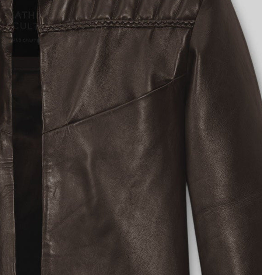 Tom Riley Da Vinci's Demons Black Leather Jacket – close-up detail of front closure, pocket and leather stitching