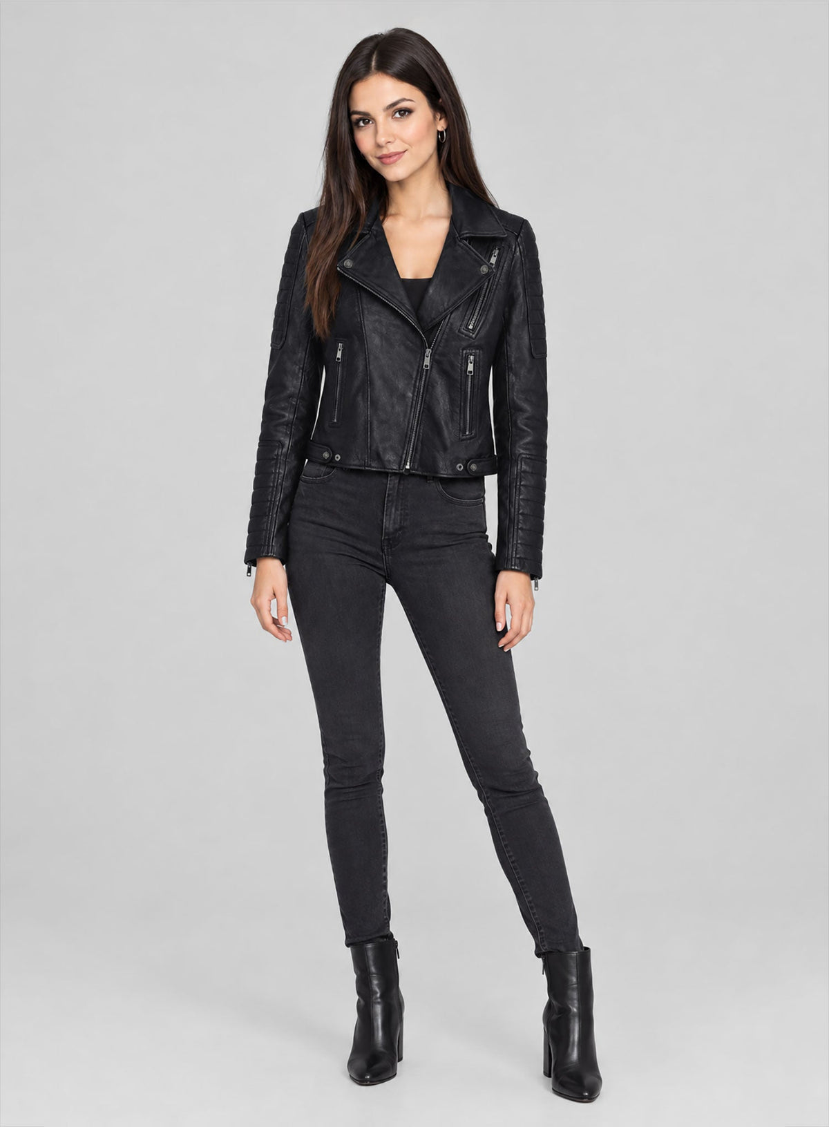 Victoria Justice Black Biker Leather Jacket – full product view