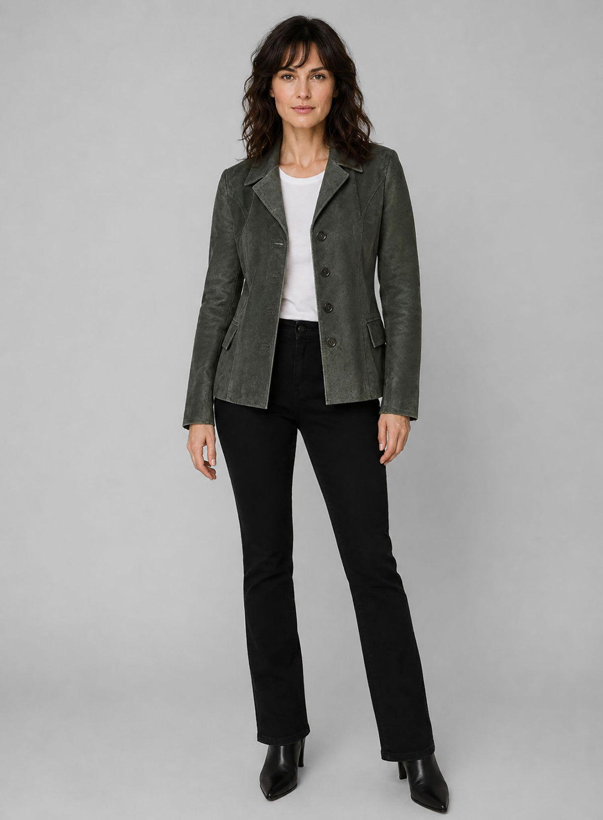 Vintage Italian Olive Carla Gugino Black Leather Blazer – full product view