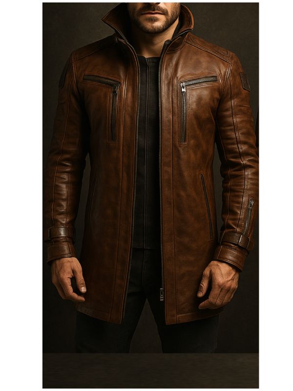 Yahya Leather Brown Long Coat – Men’s Premium Brown Long Leather Coat