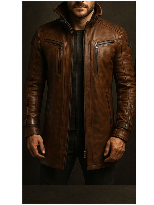 Yahya Leather Brown Long Coat – Men’s Premium Brown Long Leather Coat