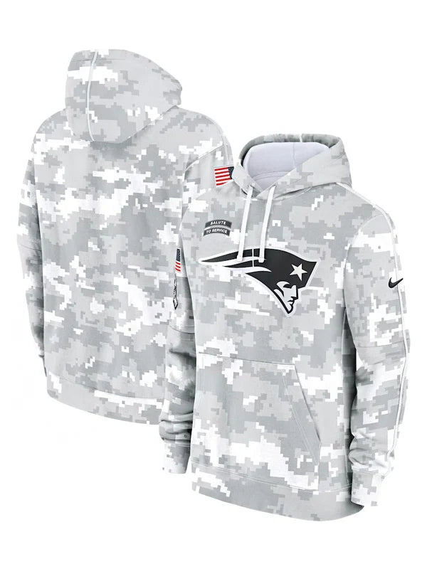 2024 New England Patriots Arctic Camo Salute to Service Hoodie Recreated Edition