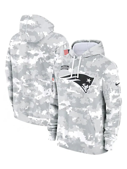 2024 New England Patriots Arctic Camo Salute to Service Hoodie Recreated Edition