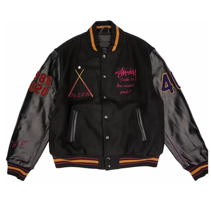 40th Anniversary Stussy Black Full-Snap Wool/Leather Varsity Jacket
