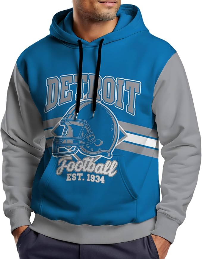 Detroit Football Graphic Hoodie – Blue & Gray Pullover