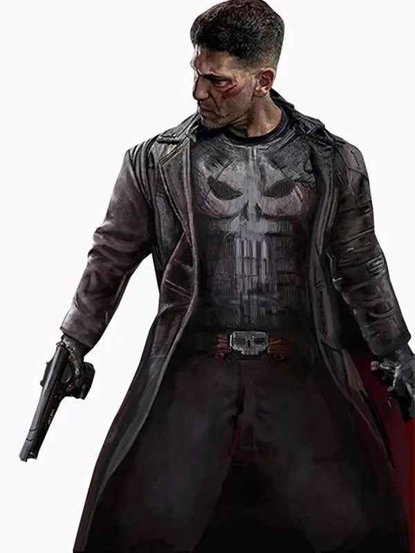 A stylized digital character portrait of a man in a long dark coat over a gray skull-print shirt, holding a gun, on a plain white background.