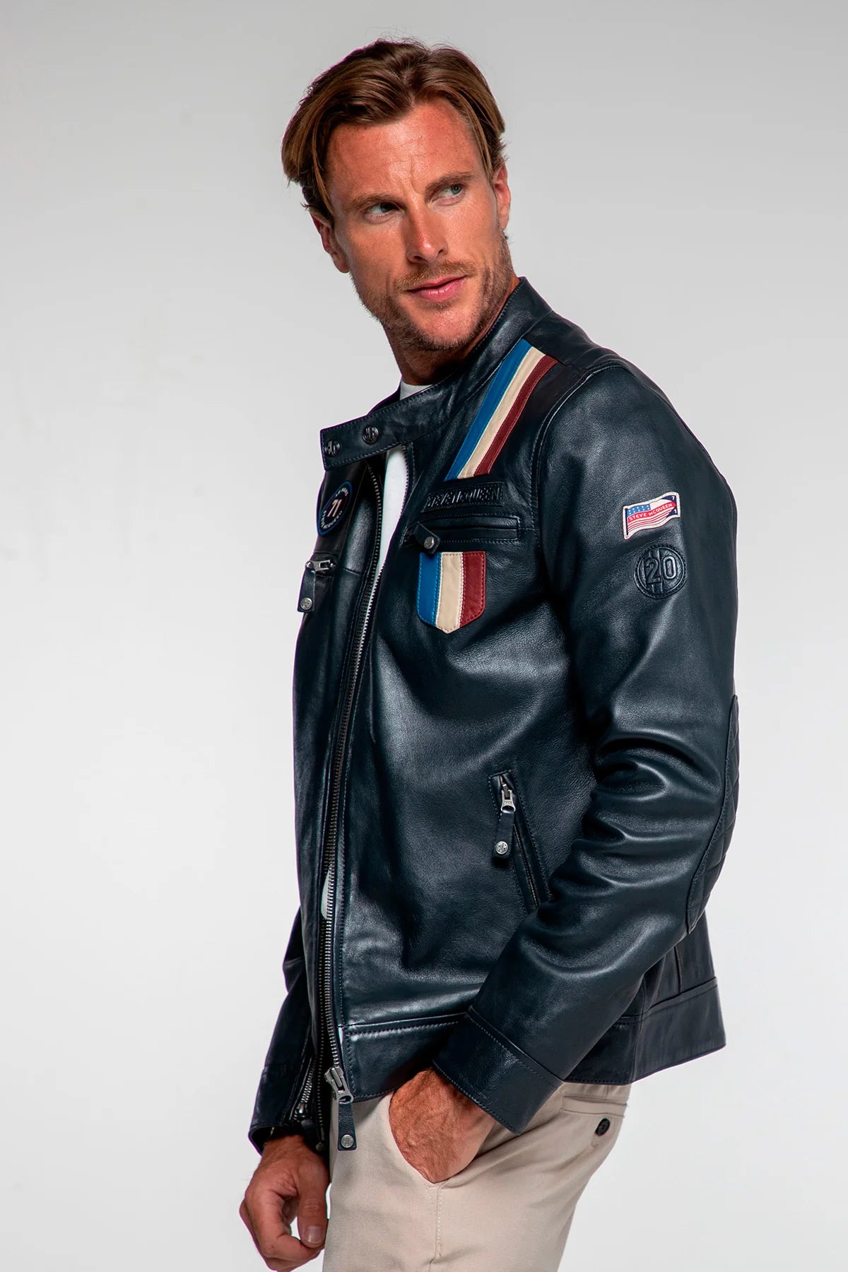 Steve McQueen x Le Mans Austin Men's Navy Blue Leather Jacket