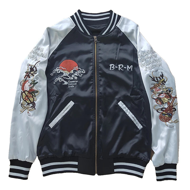 Black and white jacket with Japanese-themed designs on a white background