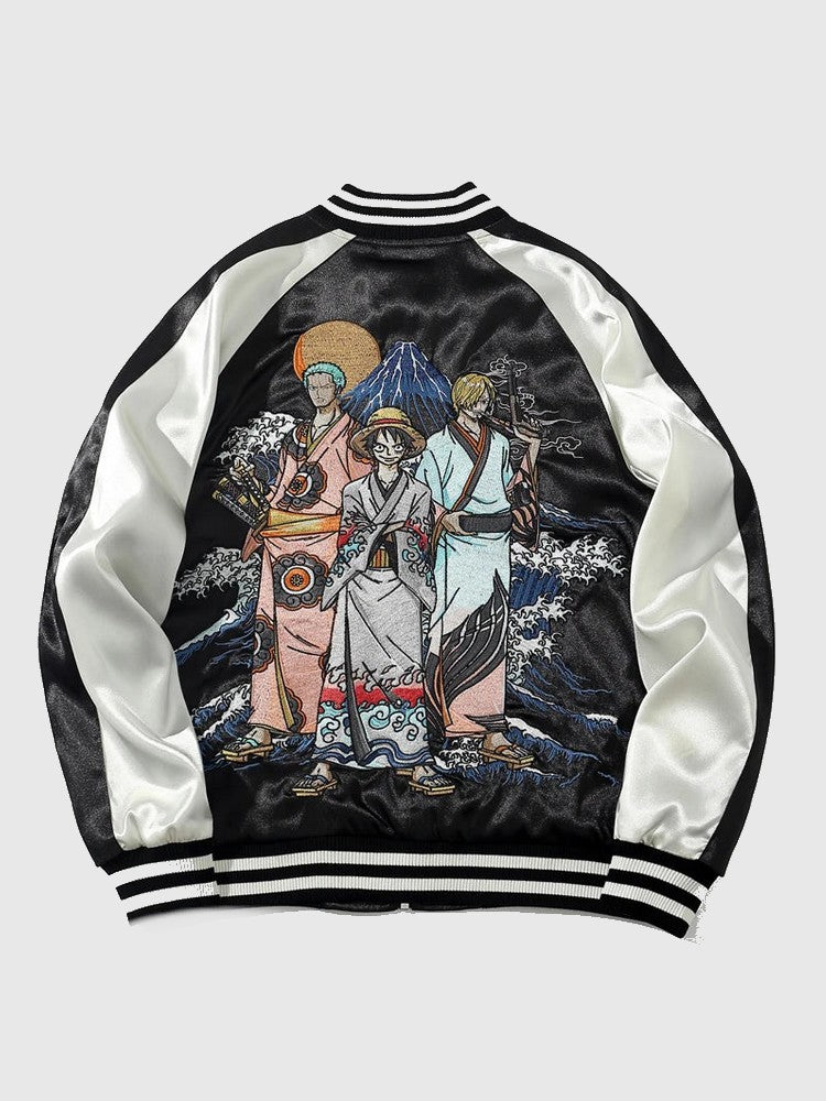 Black and white jacket with colorful graphic design on a white background