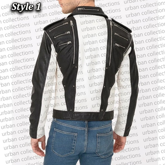 Black and white jacket with zippers on a white background with 'urban collections' text.