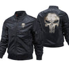 Black bomber jacket with Punisher skull design on a white background