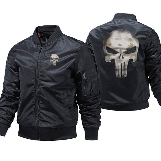 Black bomber jacket with Punisher skull design on a white background