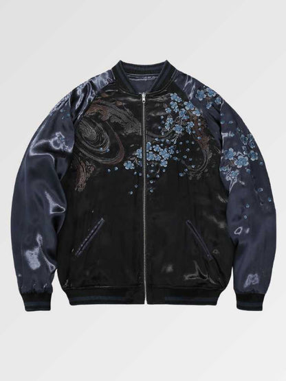 Black bomber jacket with abstract floral design on a light gray background