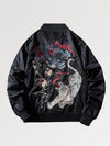 Black bomber jacket with dragon and tiger embroidery on a light gray background