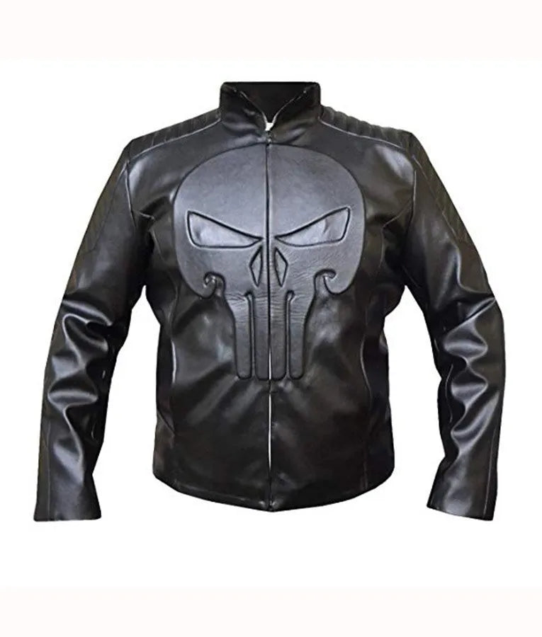 Black faux leather jacket featuring a large embossed Punisher skull graphic on the front, with a stand-up collar and front zipper, shown against a plain white background.