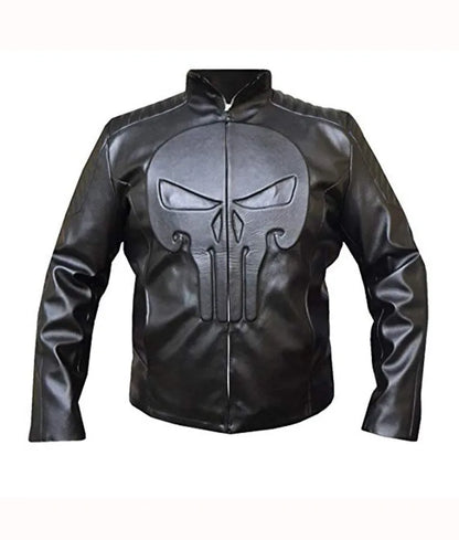 Black faux leather jacket featuring a large embossed Punisher skull graphic on the front, with a stand-up collar and front zipper, shown against a plain white background.