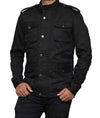 Black jacket with button details on a white background