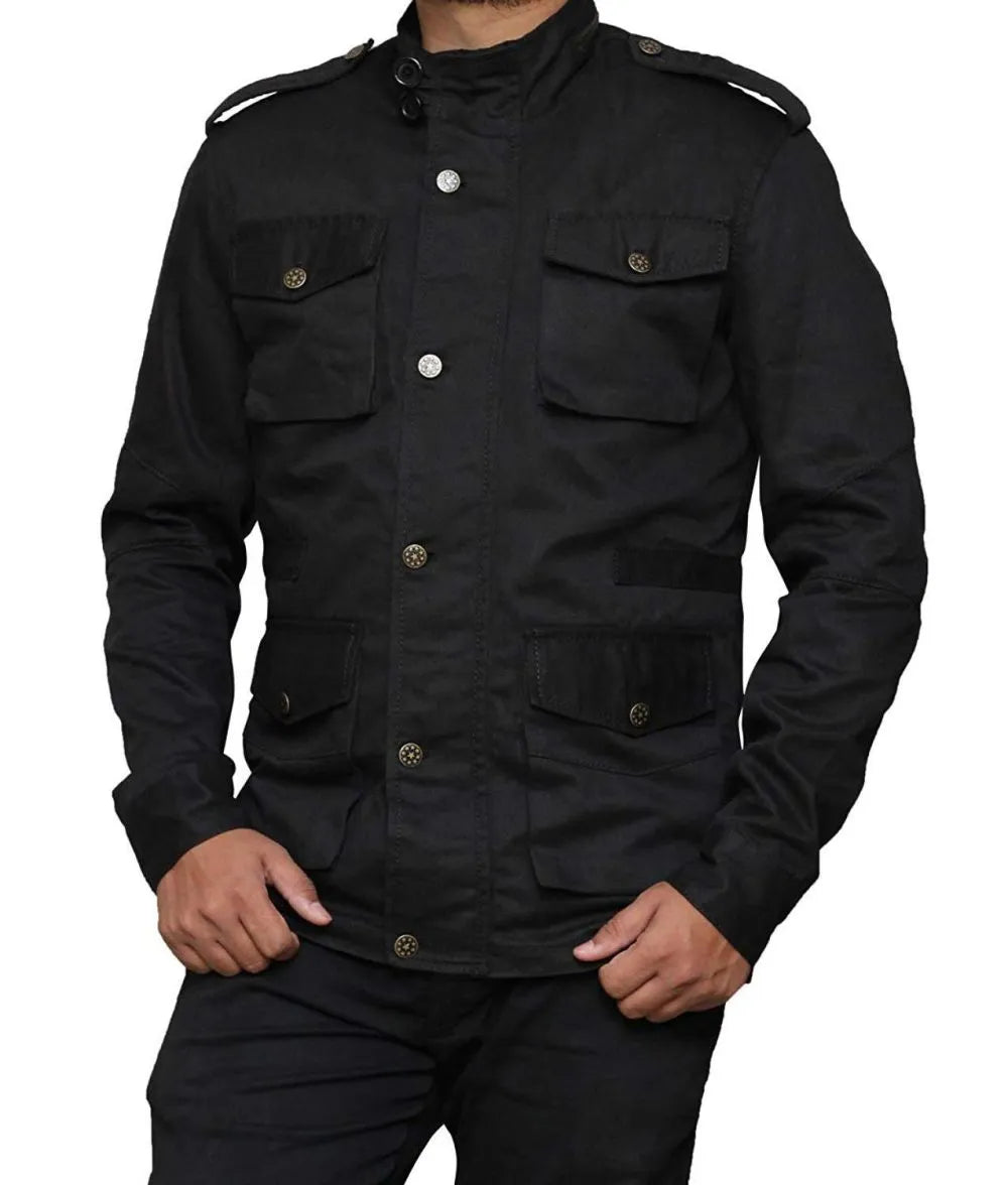 Black jacket with button details on a white background