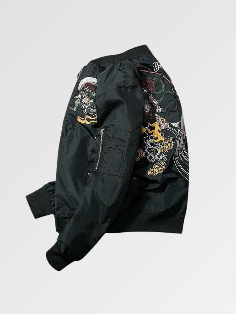 Black jacket with colorful embroidery on a light gray background