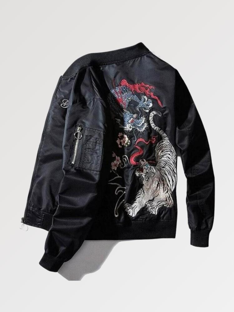 Black jacket with dragon and tiger embroidery on a light gray background