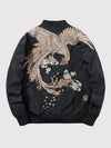 Black jacket with gold and white floral embroidery on a light gray background