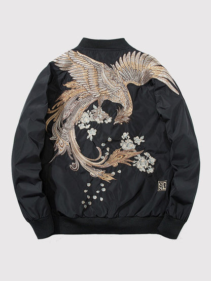 Black jacket with gold and white floral embroidery on a light gray background