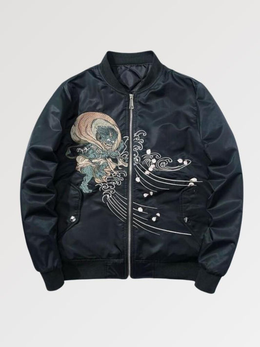 Black jacket with intricate design on a light gray background