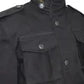 Black jacket with two front pockets on a plain background