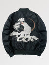 Black jacket with white embroidered design on a light gray background