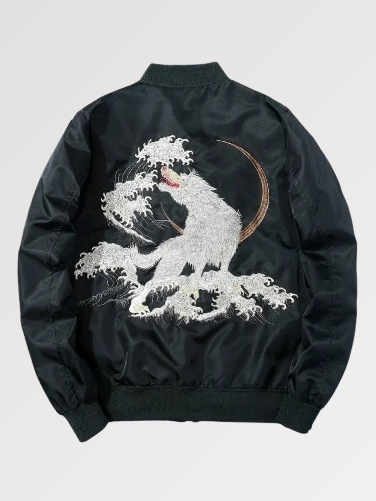 Black jacket with white embroidered design on a light gray background