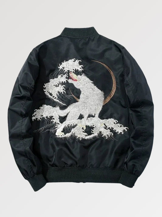 Black jacket with white embroidered design on a light gray background