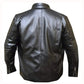 Black leather jacket shown from the back, featuring a high collar, vertical seam detailing, and zippered cuffs, displayed against a plain white background.
